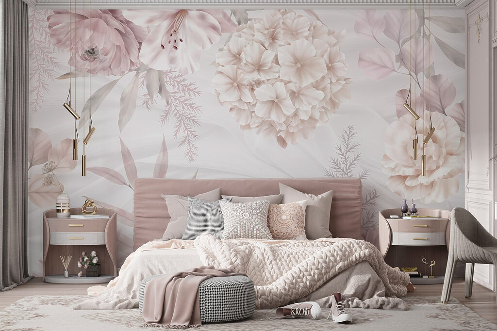 Ružové kvety nad palmami — interiér 1