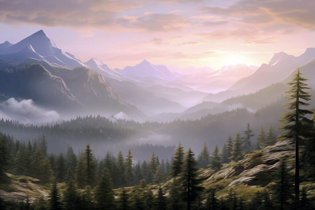 Ružový úsvit nad borovicami — celý dizajn