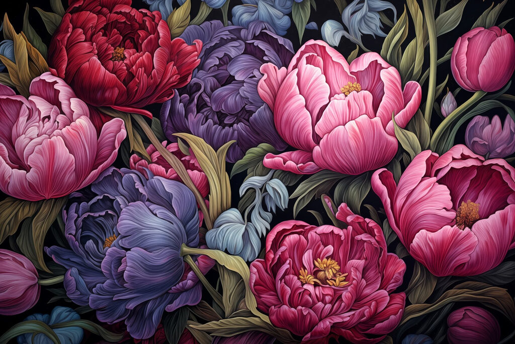Pivonky a tulipány — celý dizajn