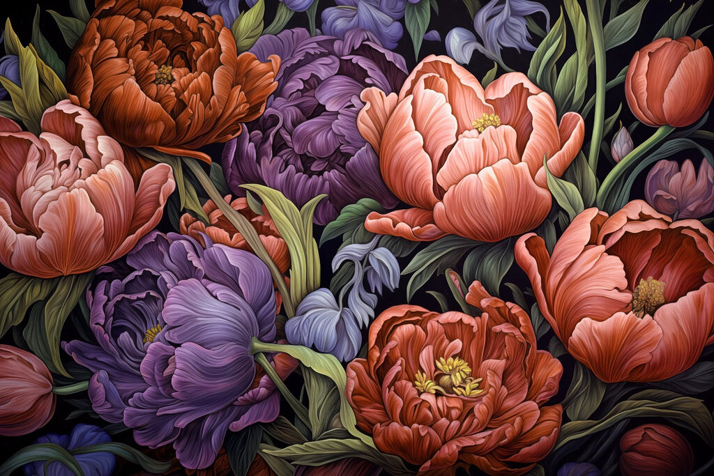 Pivonky a tulipány — celý dizajn
