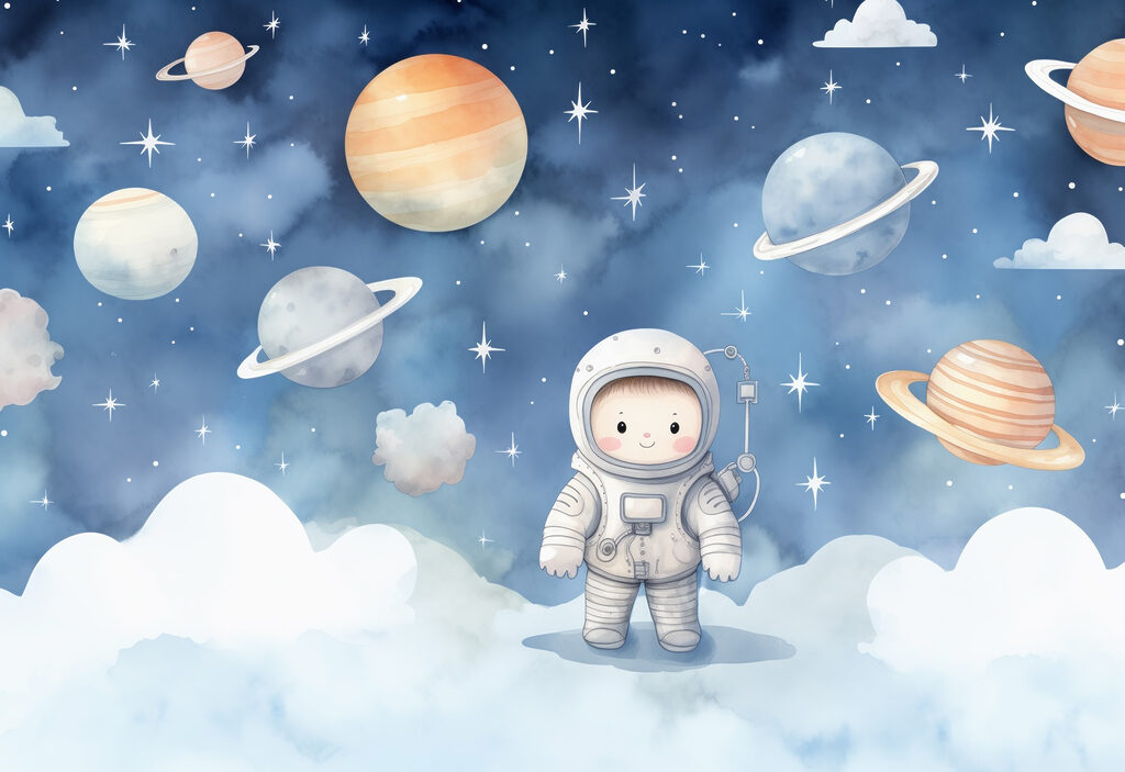 Astronaut nad bielymi oblakmi — celý dizajn