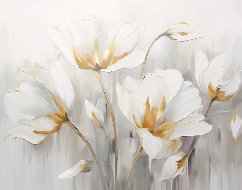 Biele tulipány so zlatom — celý dizajn